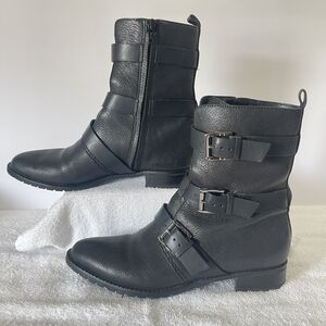 REBECCA MINKOFF Black Leather MOTO Boots Sz 7 Buckles Full Zipper Heel Great Con